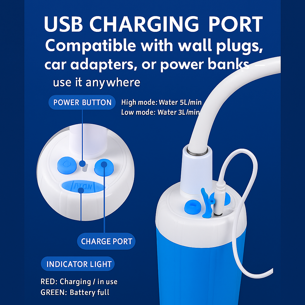 Portable Rechargeable Water Pump – Outdoor Bathing Essential for Camping, Dorms & Travel