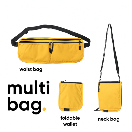 multi bag – 3 in 1 water resistant accessory that works as a waist pouch, foldable wallet, or neck bag; compact, lightweight, and ultra convenient