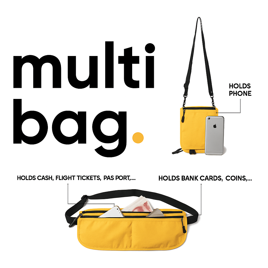 multi bag – 3 in 1 water resistant accessory that works as a waist pouch, foldable wallet, or neck bag; compact, lightweight, and ultra convenient