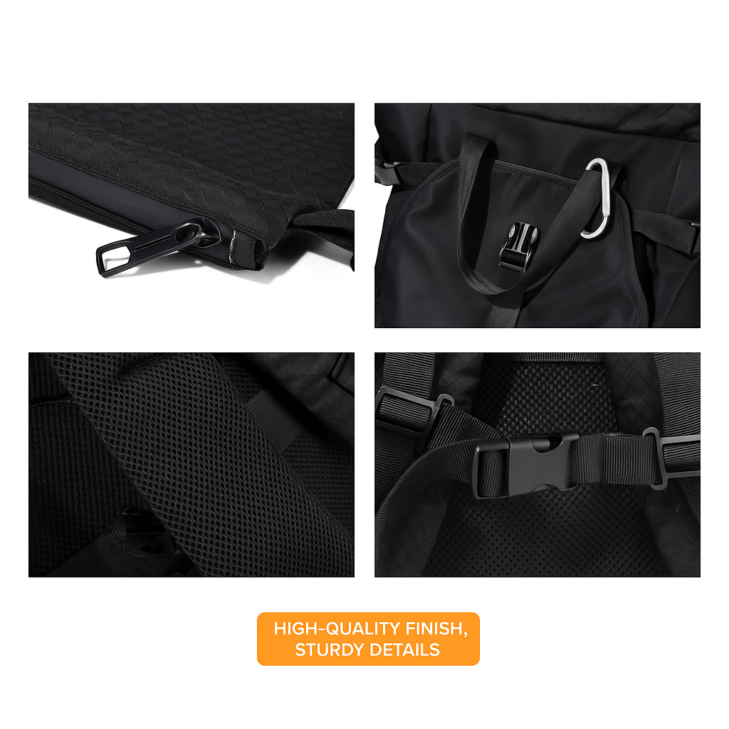 Rolltop backpack – ideal for travel and work, featuring multiple compartments, water-resistant fabric, and a dedicated laptop sleeve