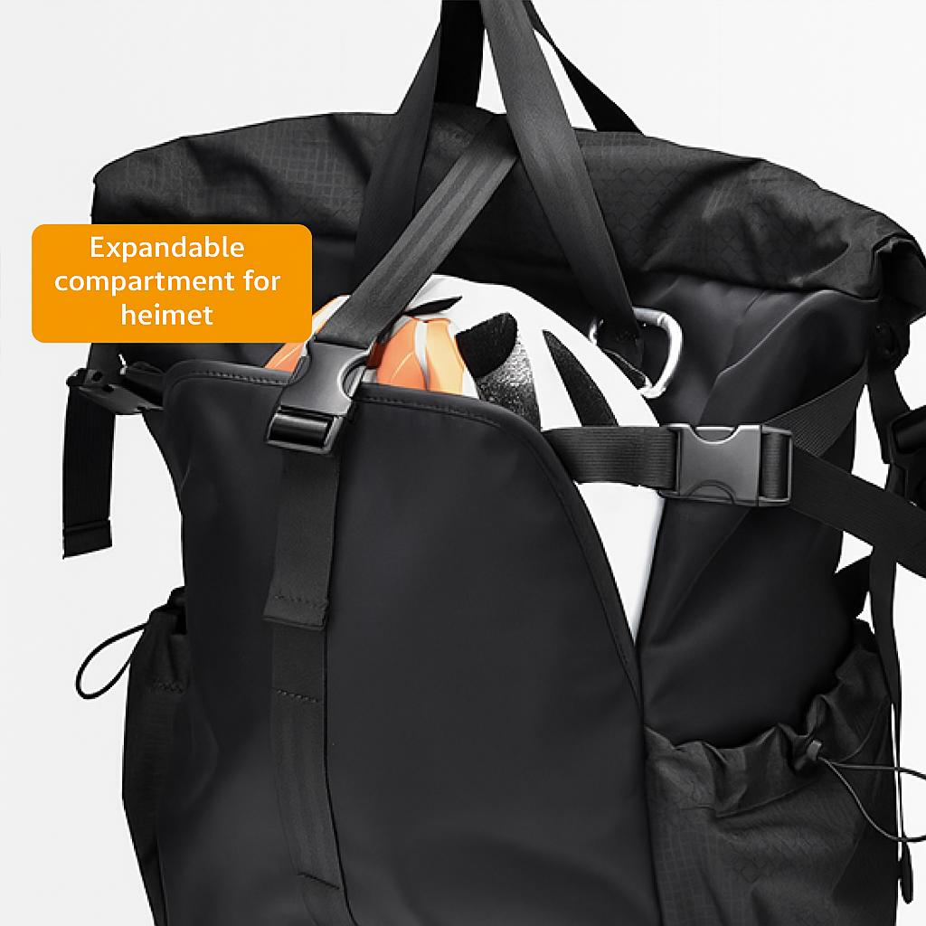 Rolltop backpack – ideal for travel and work, featuring multiple compartments, water-resistant fabric, and a dedicated laptop sleeve