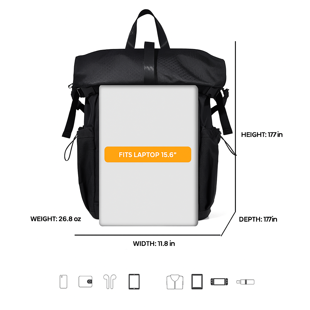 Rolltop backpack – ideal for travel and work, featuring multiple compartments, water-resistant fabric, and a dedicated laptop sleeve