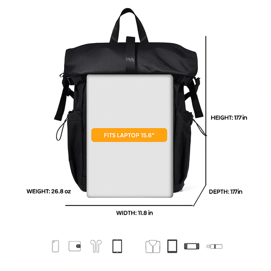 Rolltop backpack – ideal for travel and work, featuring multiple compartments, water-resistant fabric, and a dedicated laptop sleeve