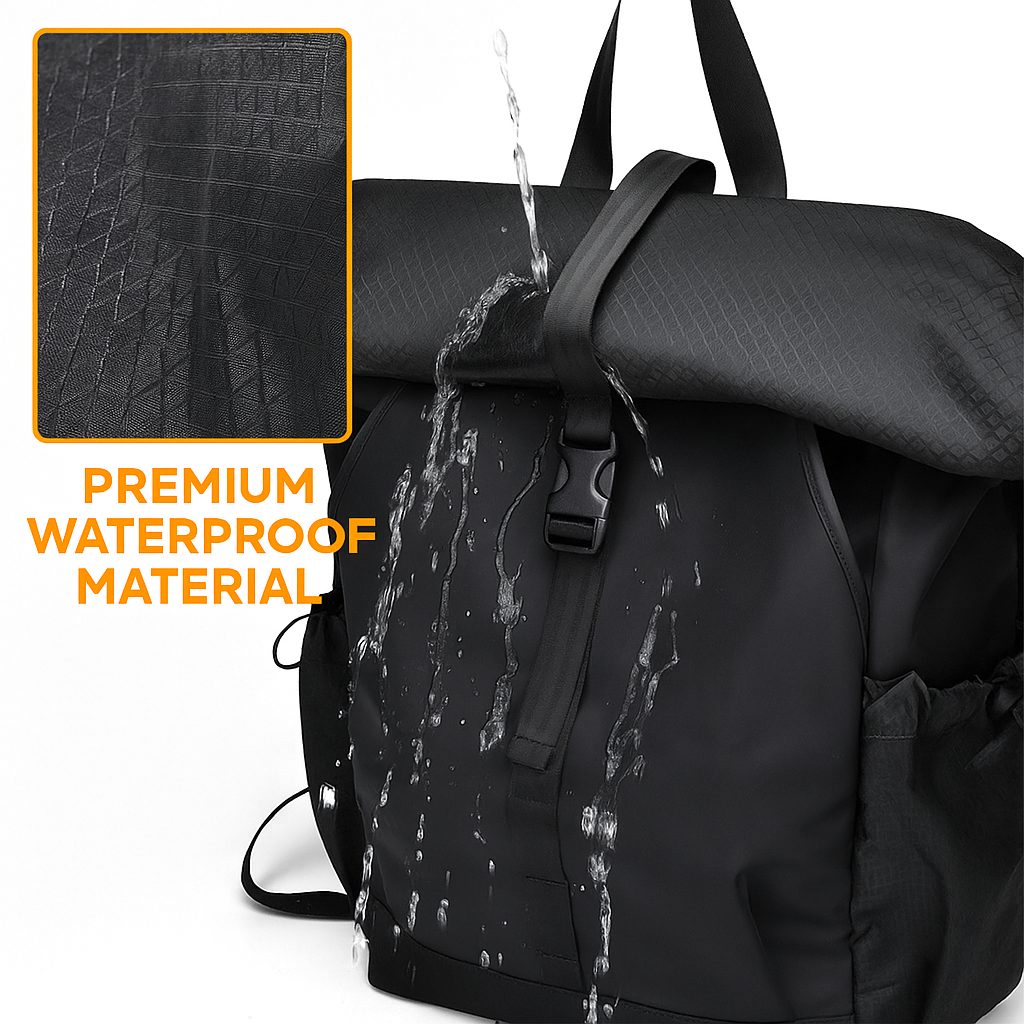 Rolltop backpack – ideal for travel and work, featuring multiple compartments, water-resistant fabric, and a dedicated laptop sleeve