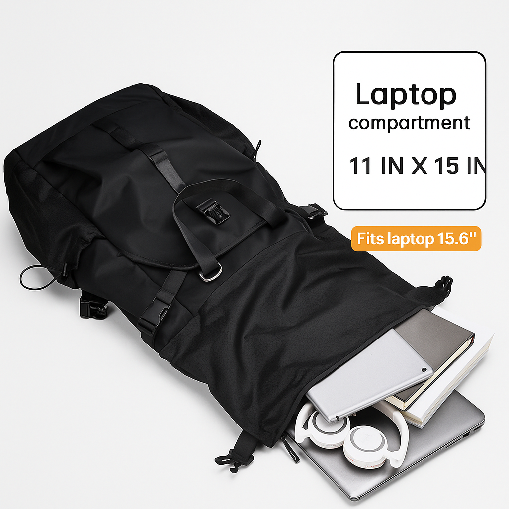 Rolltop backpack – ideal for travel and work, featuring multiple compartments, water-resistant fabric, and a dedicated laptop sleeve
