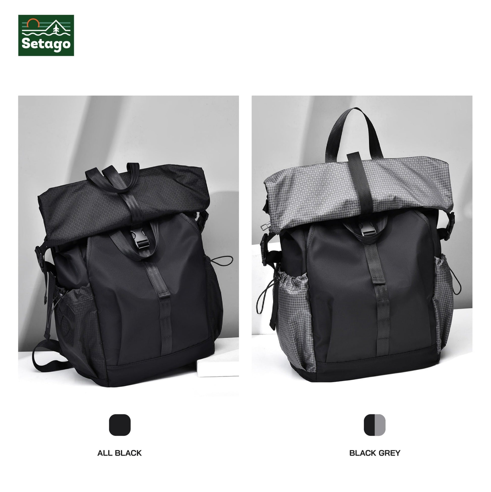 Rolltop backpack – ideal for travel and work, featuring multiple compartments, water-resistant fabric, and a dedicated laptop sleeve