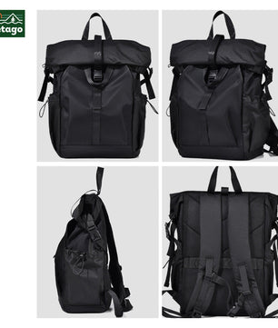 Rolltop backpack – ideal for travel and work, featuring multiple compartments, water-resistant fabric, and a dedicated laptop sleeve