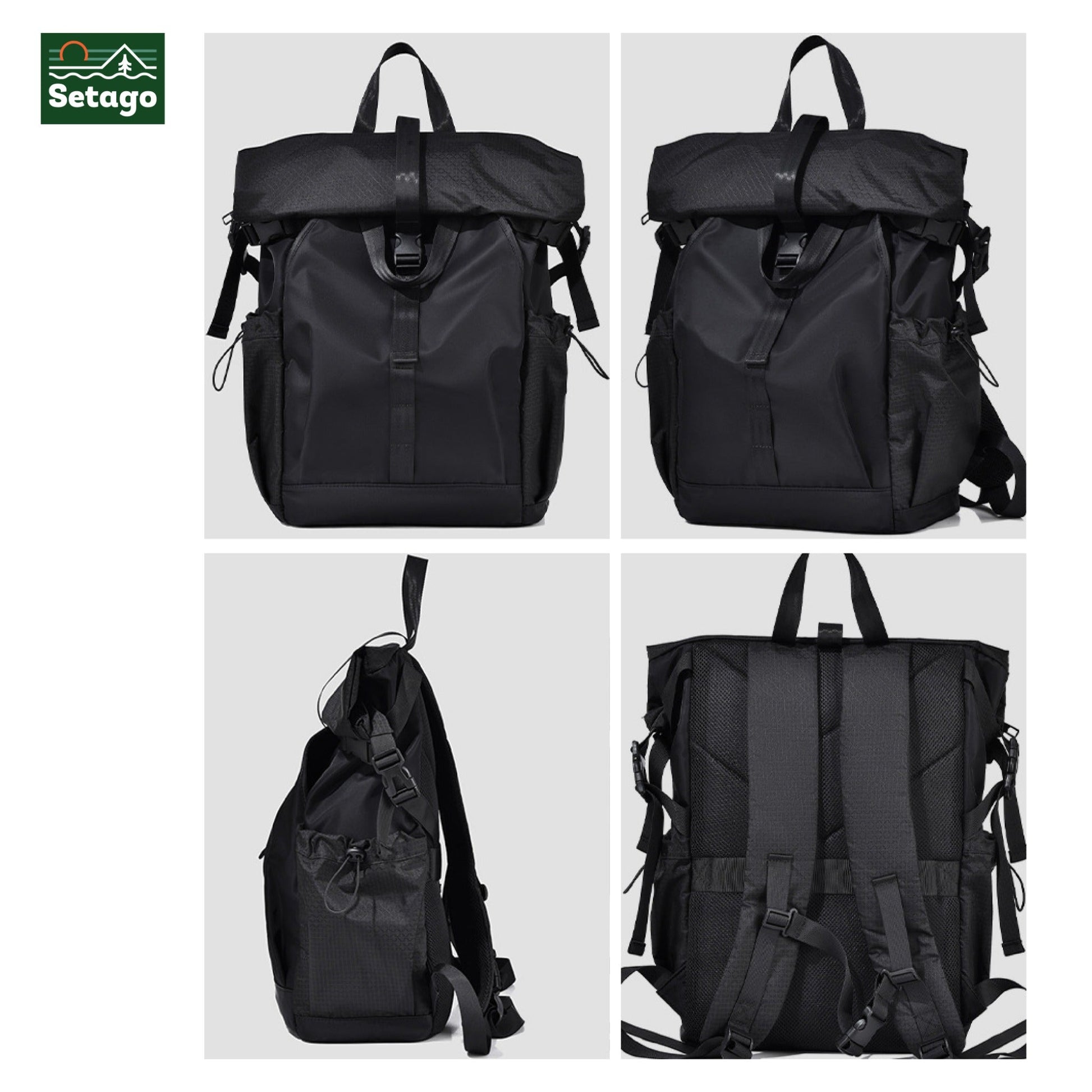 Rolltop backpack – ideal for travel and work, featuring multiple compartments, water-resistant fabric, and a dedicated laptop sleeve