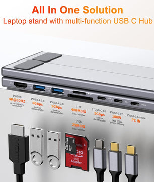 All-in-One Aluminum Laptop Stand with 8-in-1 USB-C Hub