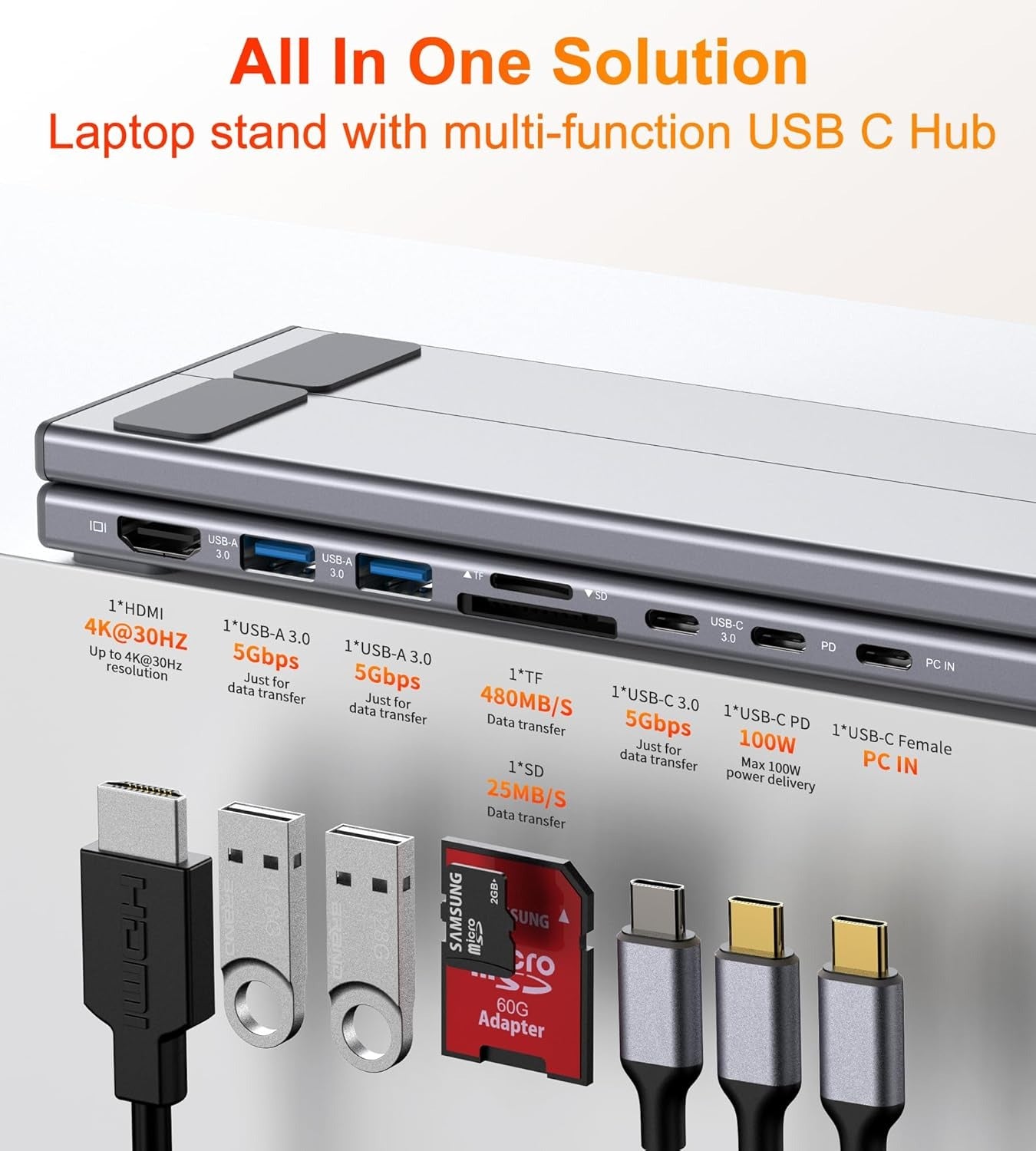 All-in-One Aluminum Laptop Stand with 8-in-1 USB-C Hub