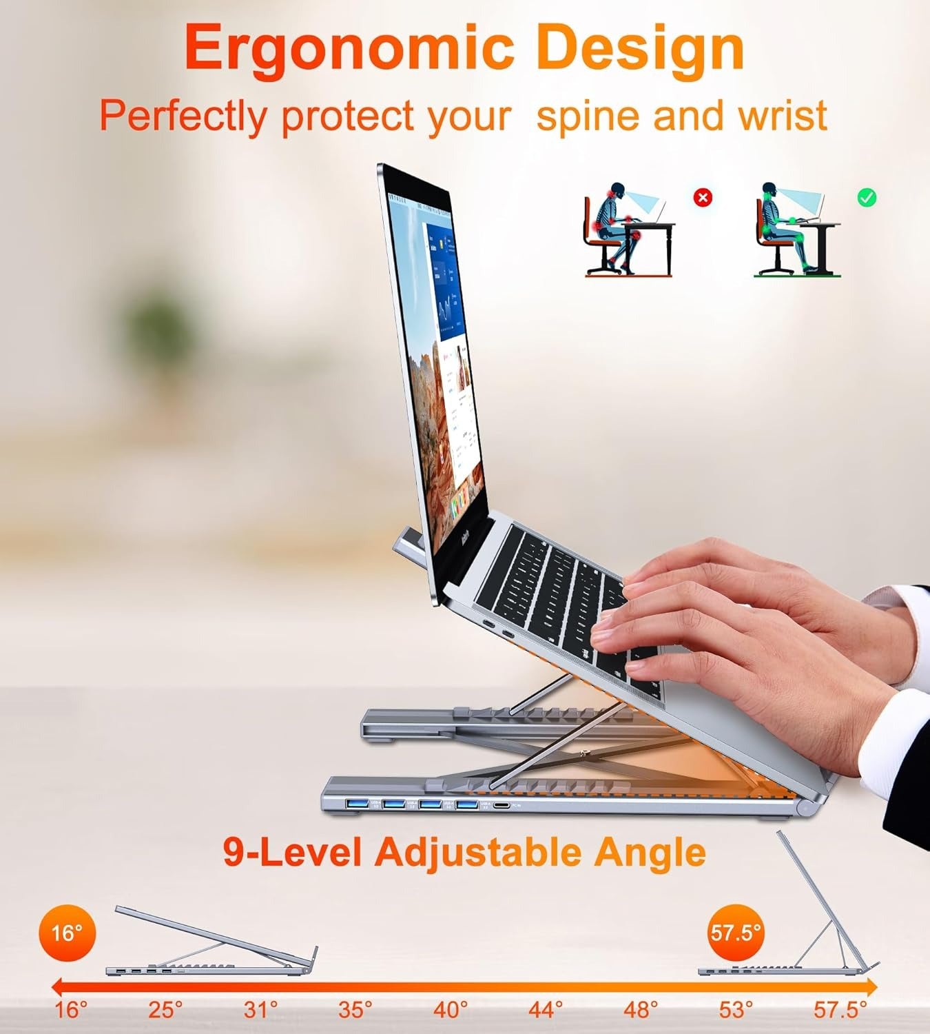 All-in-One Aluminum Laptop Stand with 8-in-1 USB-C Hub