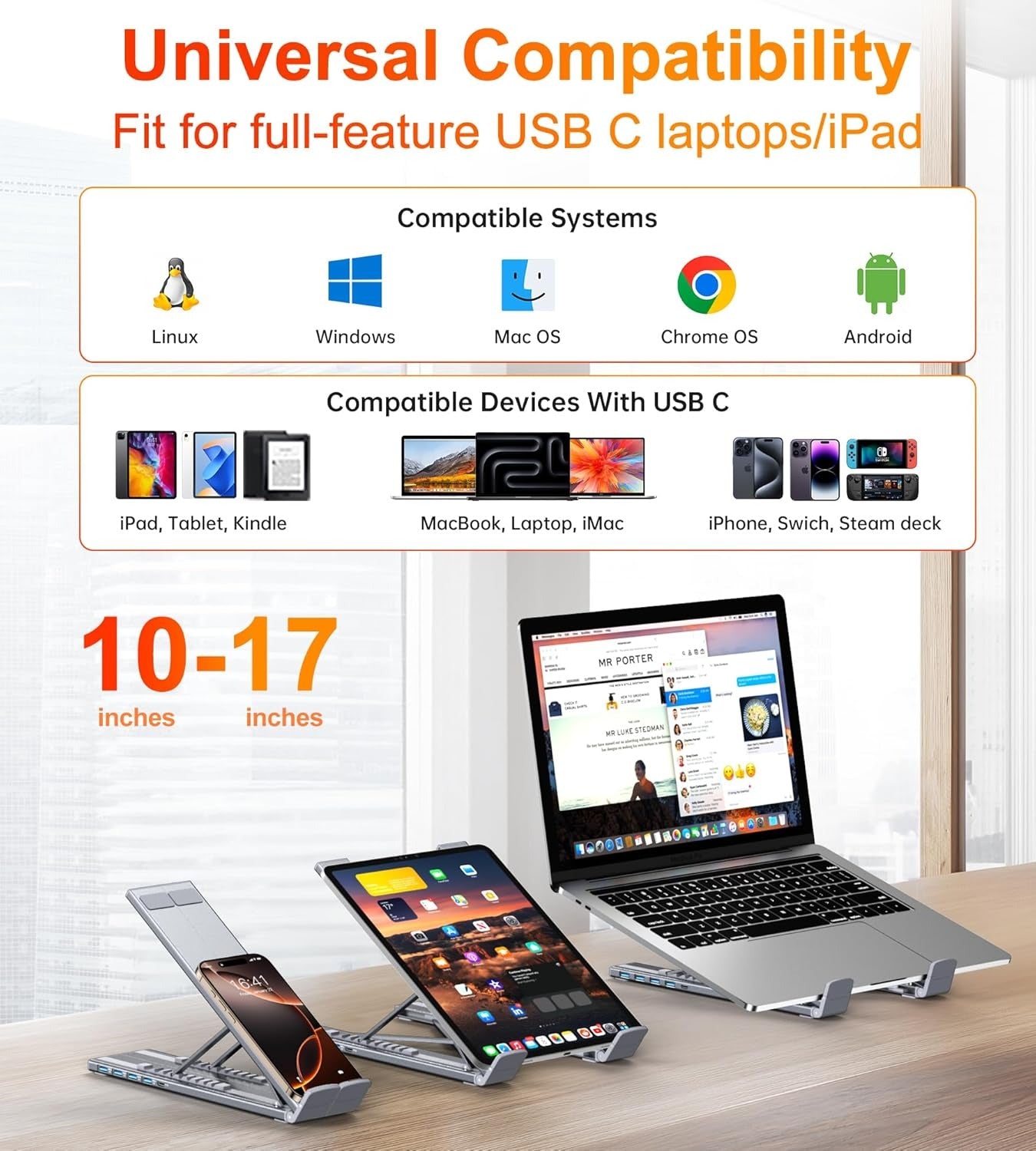 All-in-One Aluminum Laptop Stand with 8-in-1 USB-C Hub